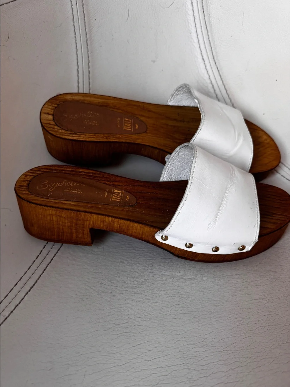 Seychelles Italian-Made White Leather Slide Sandals